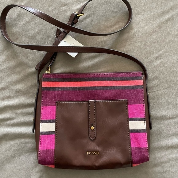 Fossil Jenna TZ Crossbody Purse Wine Multi Stripe - Picture 2 of 9